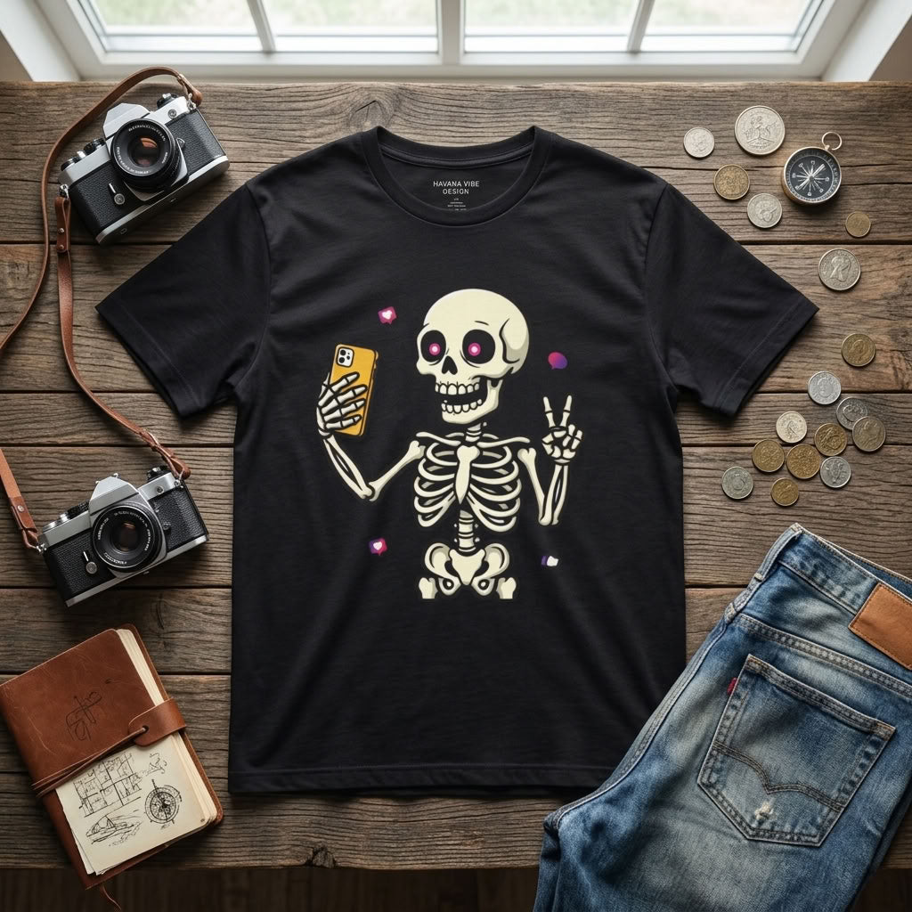 Skeleton Selfie T-Shirt | Funny Spooky Skull Halloween Graphic Tee