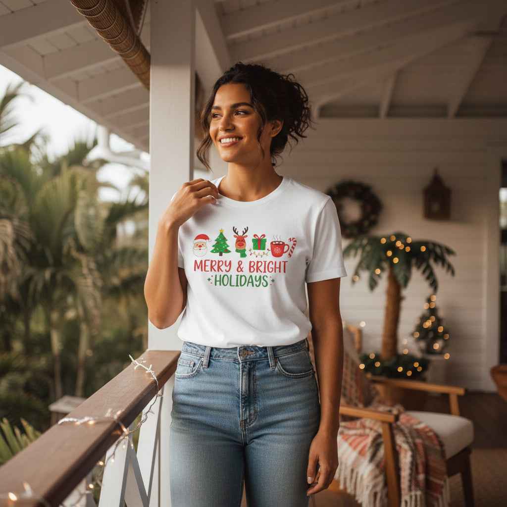 Merry & Bright Christmas T-Shirt – Festive Holiday Icons Tee