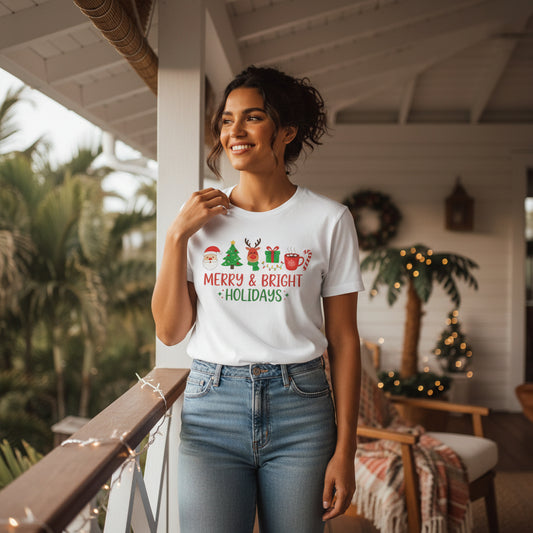 Woman wearing a 'Merry & Bright Holidays' t-shirt on a porch with festive decorations.