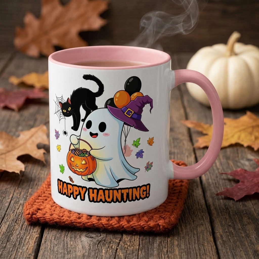 Happy Haunting! Halloween Ghost Coffee Mug | Ghost, Black Cat & Pumpkin Design | 11oz & 15oz