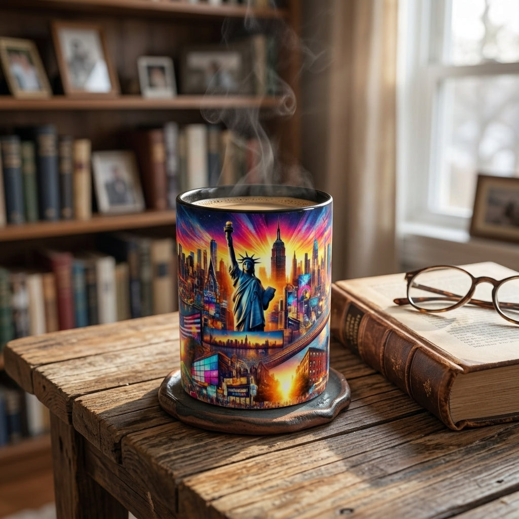 A ceramic mug with a colorful New York City skyline and Statue of Liberty print sits on a rustic wooden table in a cozy room setting, with a book and glasses nearby and a blurred bookshelf in the background.