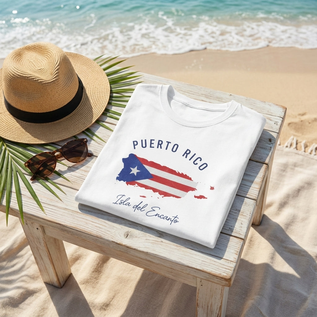 White t-shirt with Puerto Rico design on a wooden table by the beach