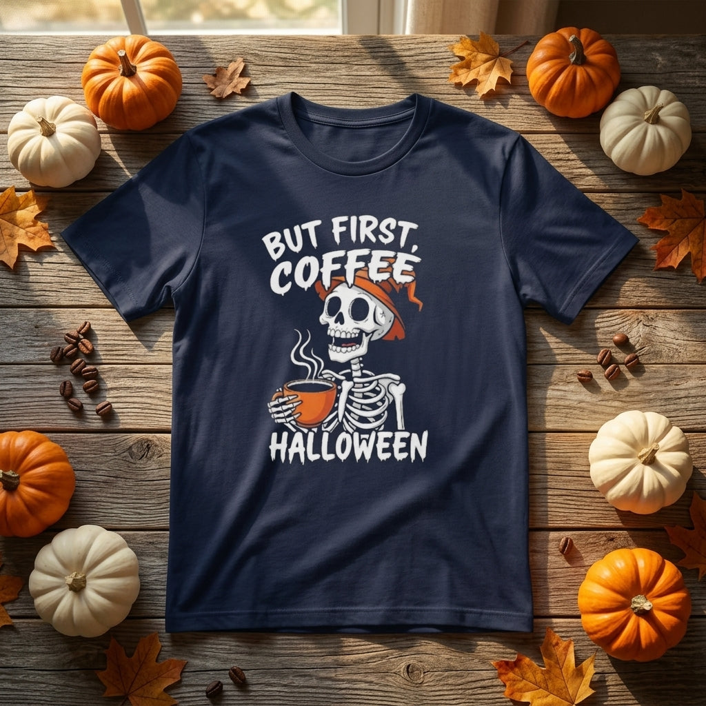 A navy blue graphic t-shirt featuring a skeleton in a pirate hat holding a coffee mug with the text 'BUT FIRST, COFFEE HALLOWEEN'. The shirt is displayed in a flat-lay arrangement on a rustic wooden table, surrounded by decorative pumpkins, autumn leaves, and coffee beans.