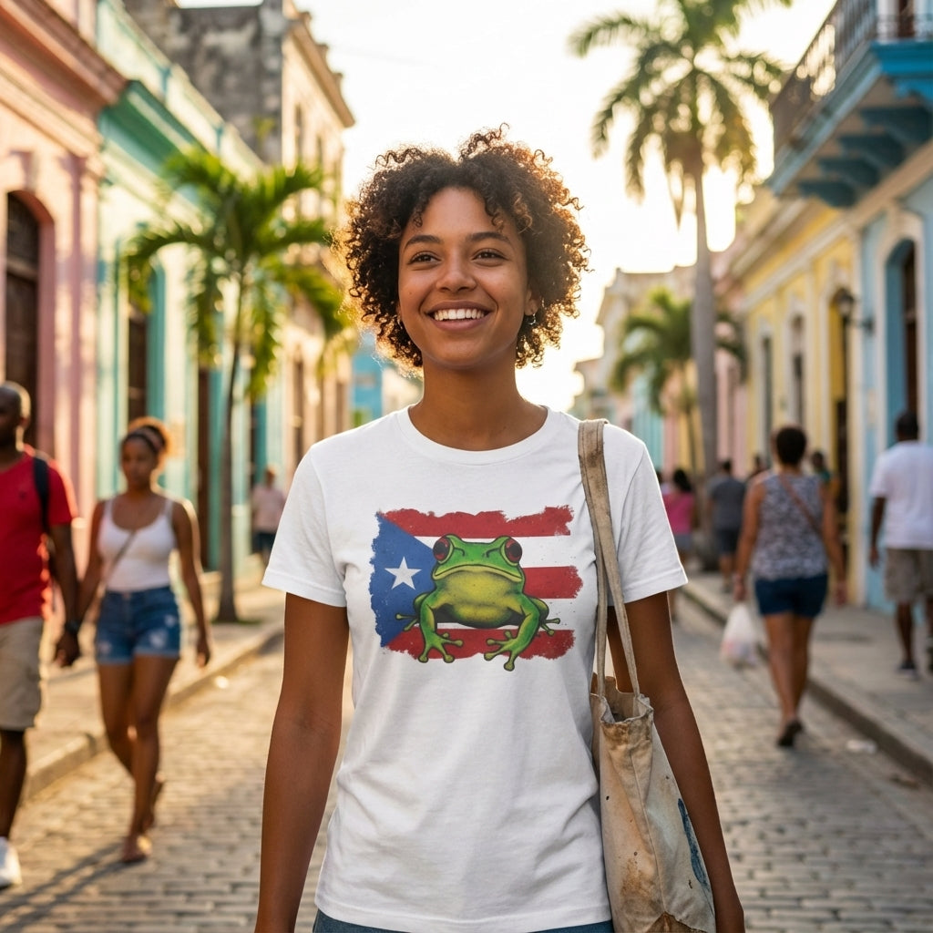 Woman wearing a white t-shirt with a colorful graphic of a frog on a street in a tropical location