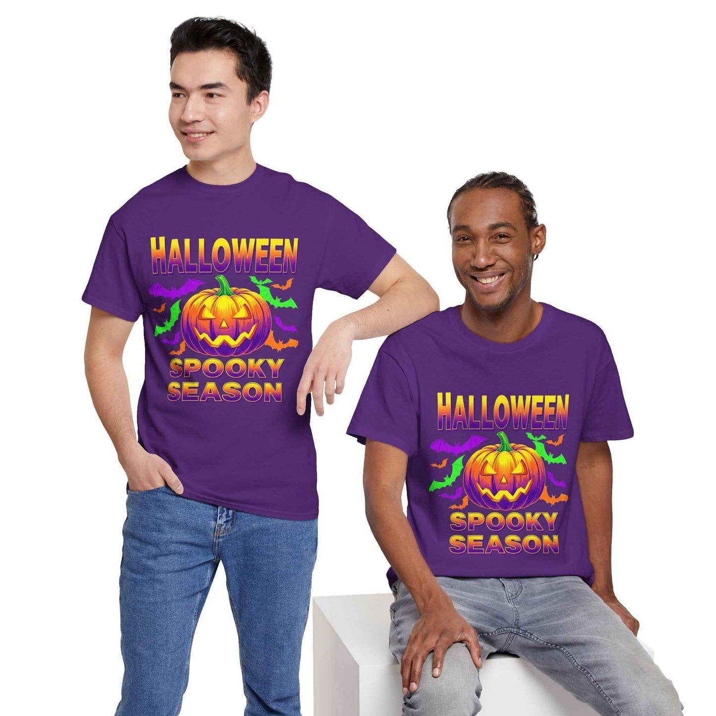 Retro Halloween T-Shirt - Neon Pumpkin & Bats 'Spooky Season' Tee - 80s/90s Style