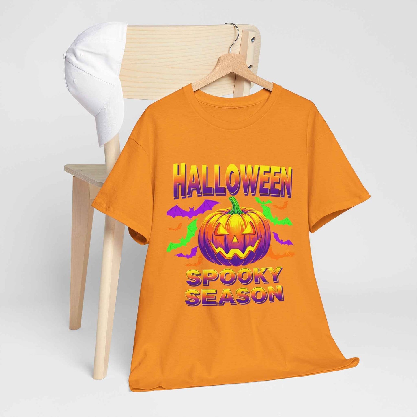 Retro Halloween T-Shirt - Neon Pumpkin & Bats 'Spooky Season' Tee - 80s/90s Style