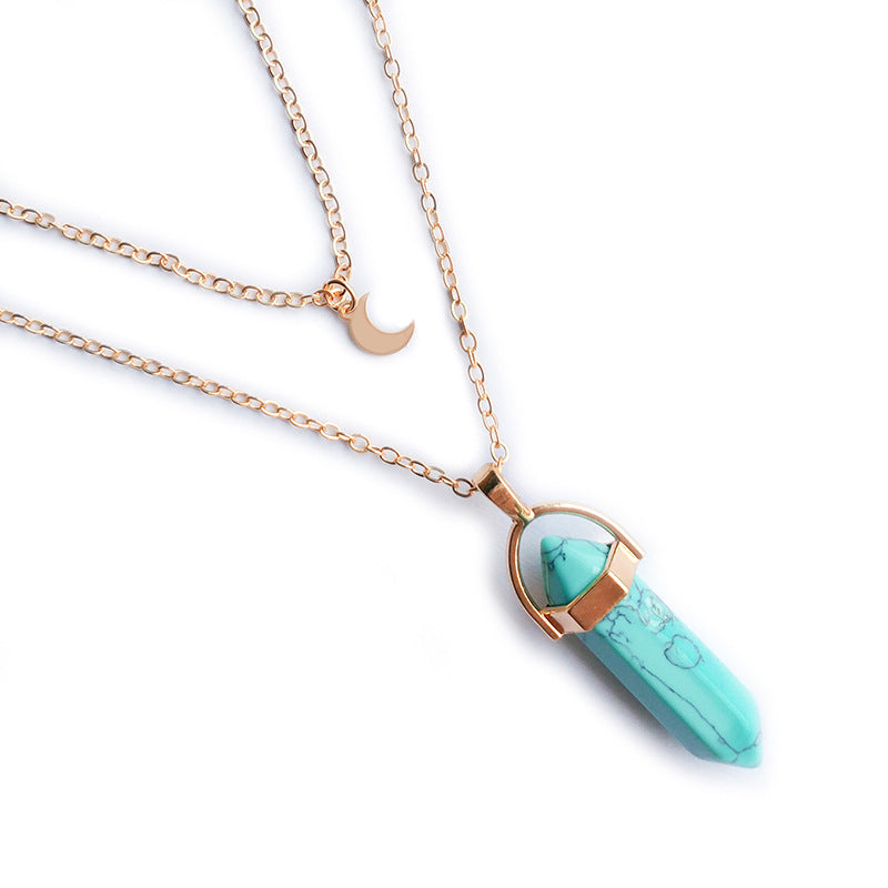 Moon Hexagonal Crystal Column Pendant Necklace - Geometric Statement Jewelry for Women