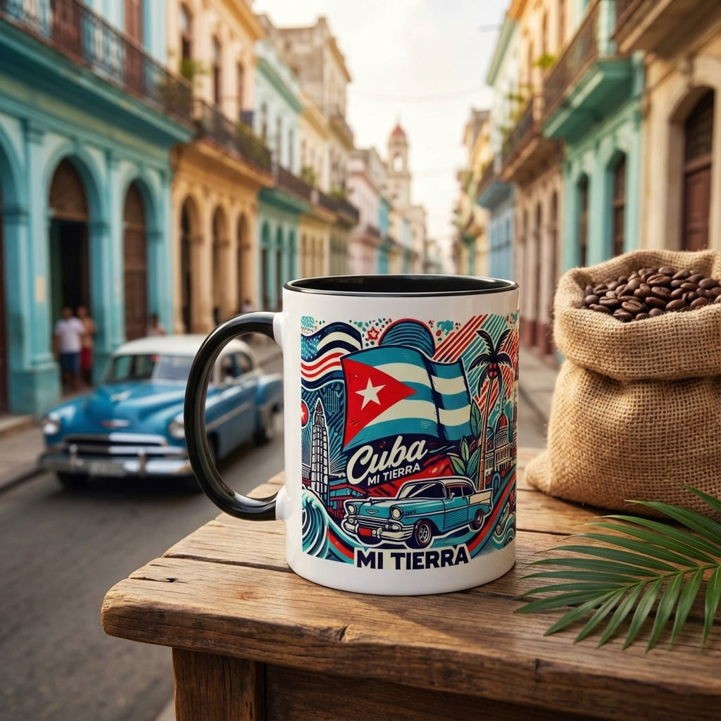 Cuban-themed mug with a vintage car and flag design on a wooden table in front of colorful buildings.