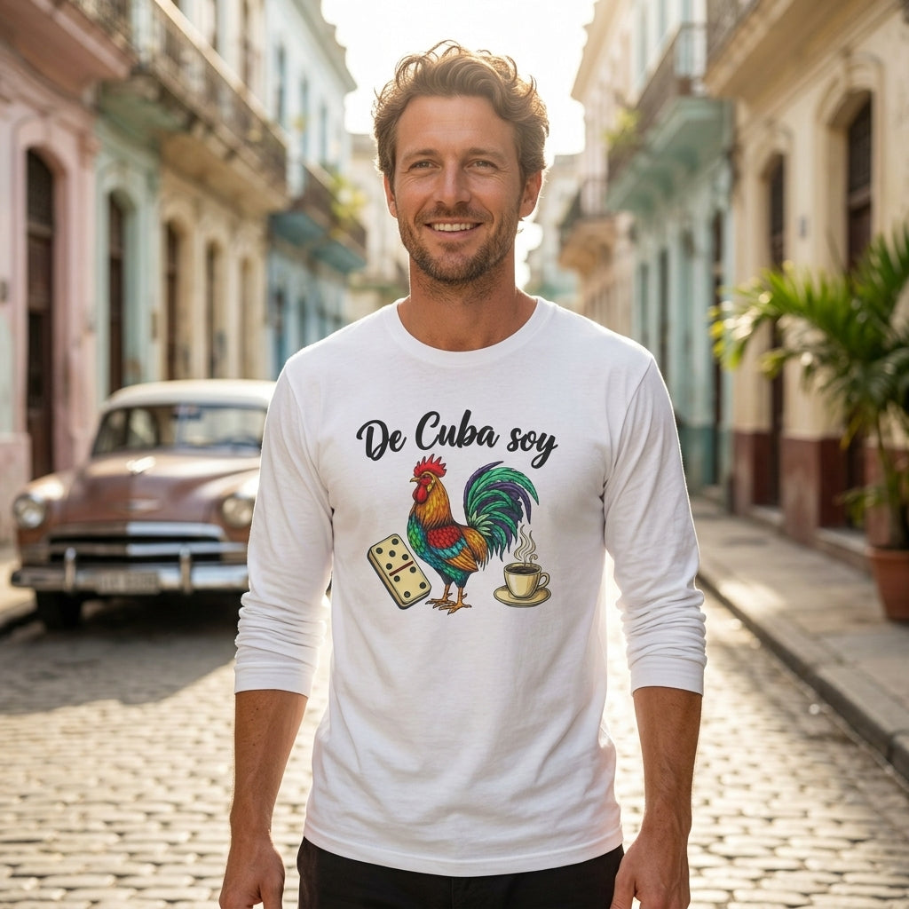 De Cuba Soy Long Sleeve Tee - Cuban Cultural Long Sleeve Tee with Rooster, Domino, and Coffee Design