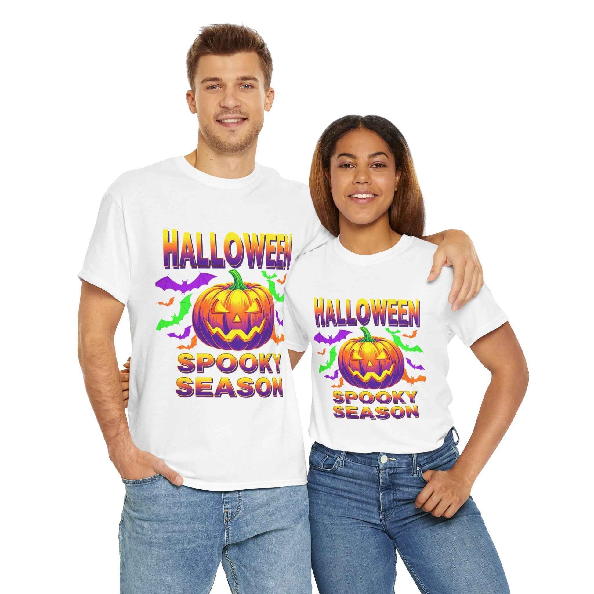 Retro Halloween T-Shirt - Neon Pumpkin & Bats 'Spooky Season' Tee - 80s/90s Style