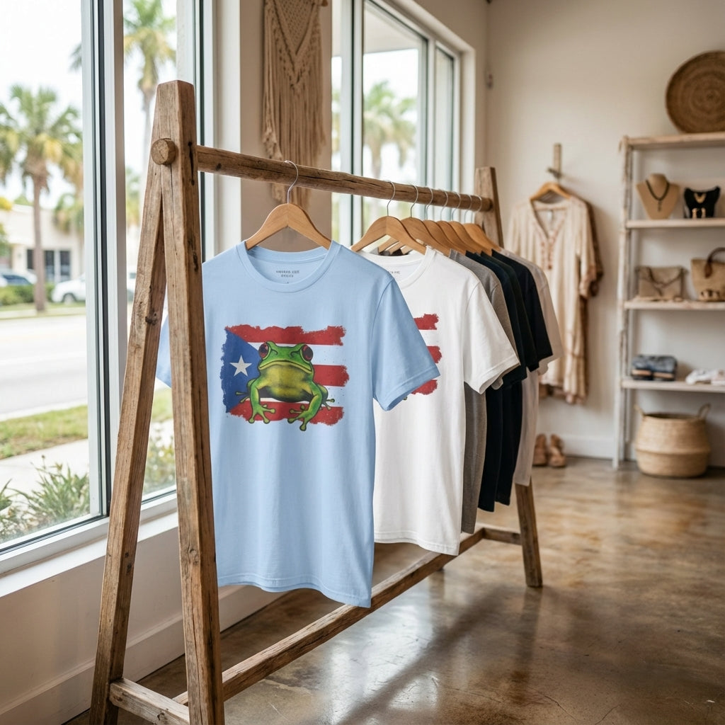 Light blue t-shirt with a frog graphic on a wooden rack in a store setting.