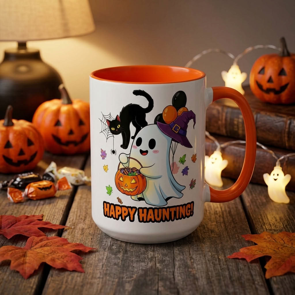 Happy Haunting! Halloween Ghost Coffee Mug | Ghost, Black Cat & Pumpkin Design | 11oz & 15oz