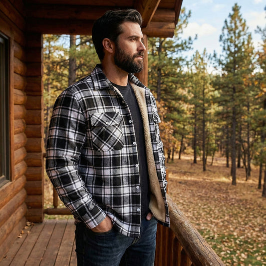 Man wearing a plaid shirt on a wooden deck with a forest background