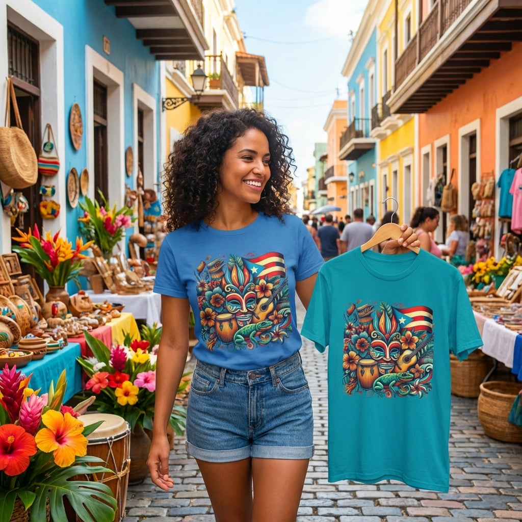 Woman wearing a blue t-shirt with a colorful design in an outdoor market setting