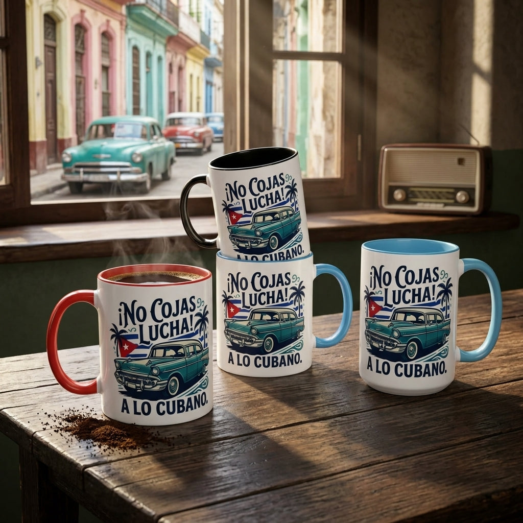 Café mugs with Cuban-themed designs on a wooden table.