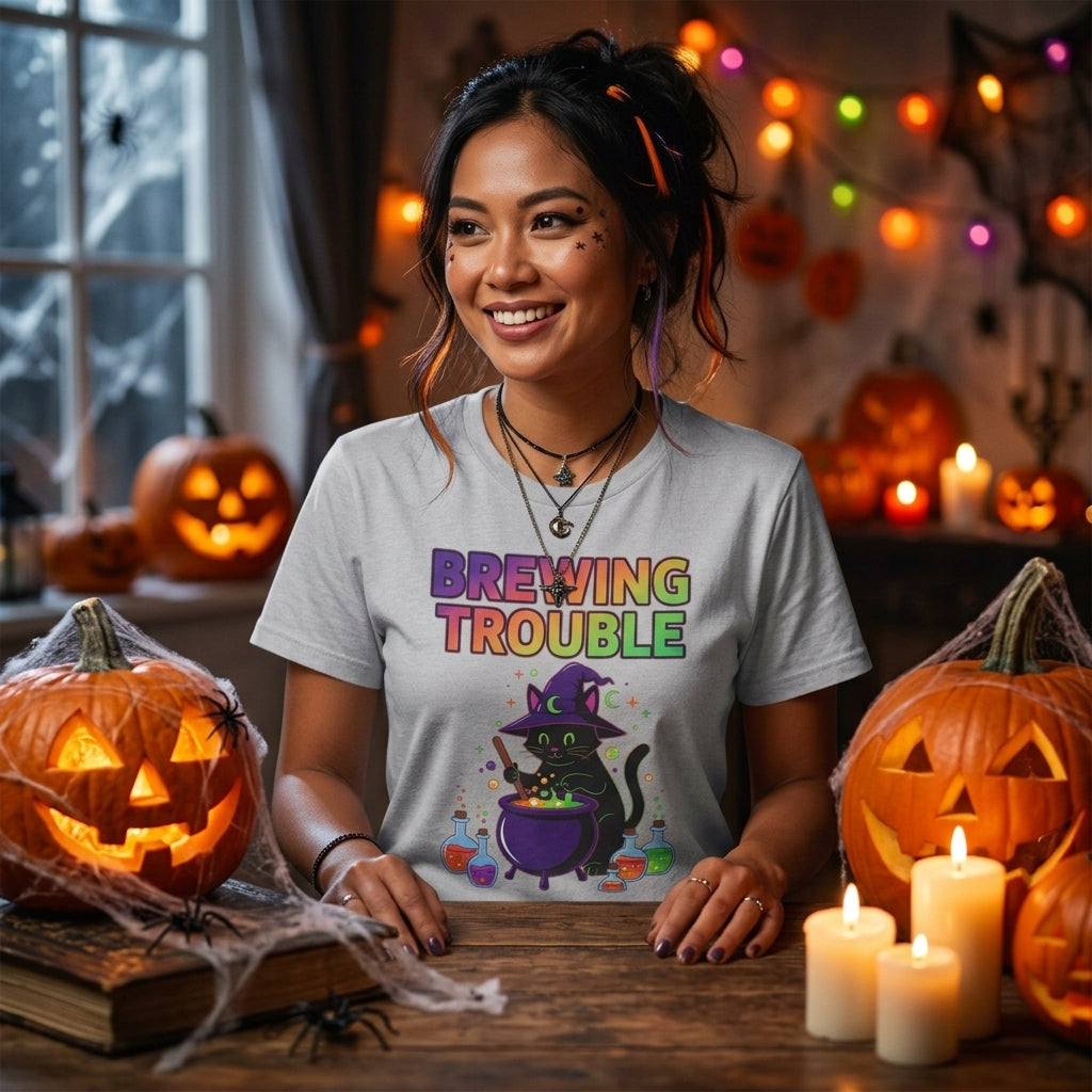 Brewing Trouble T-Shirt | Cute Witch Cauldron Halloween Graphic Tee