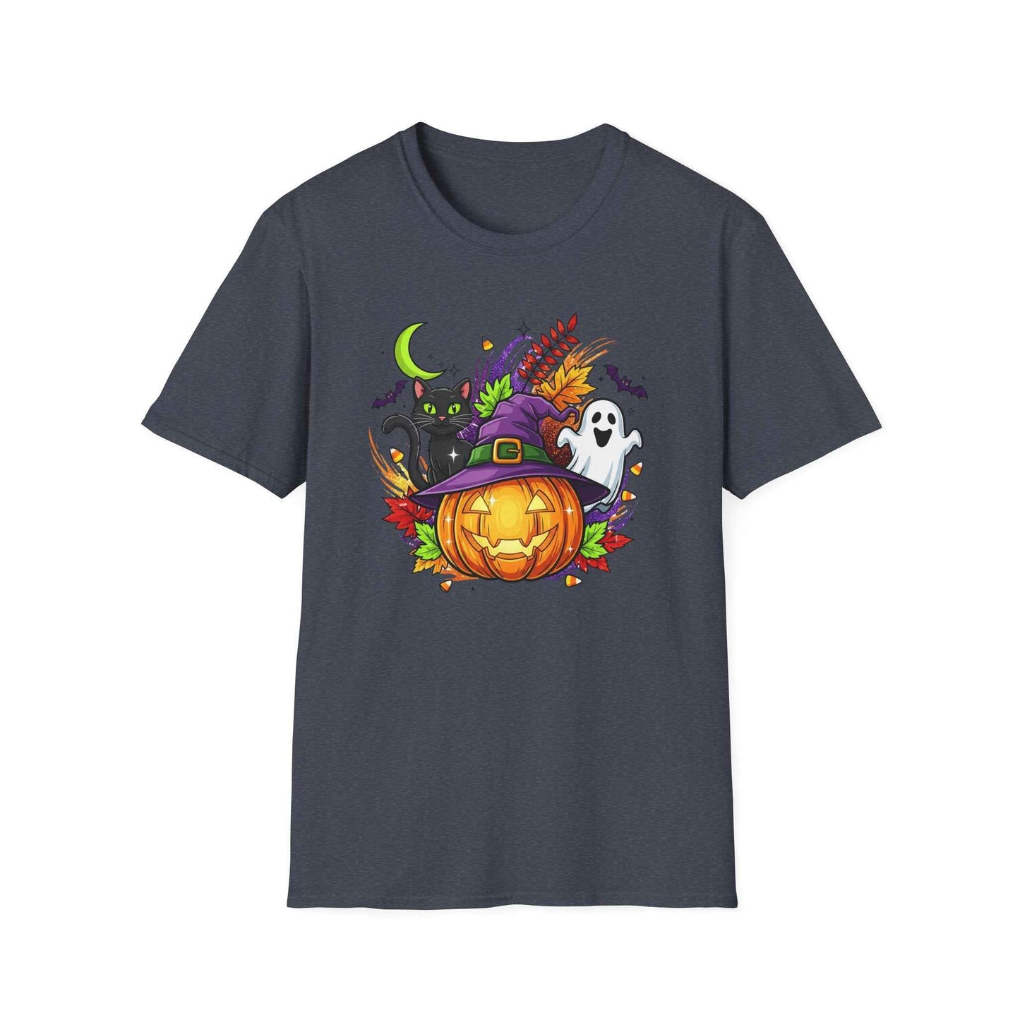 Halloween T-Shirt, Witch Hat Pumpkin, Black Cat and Ghost