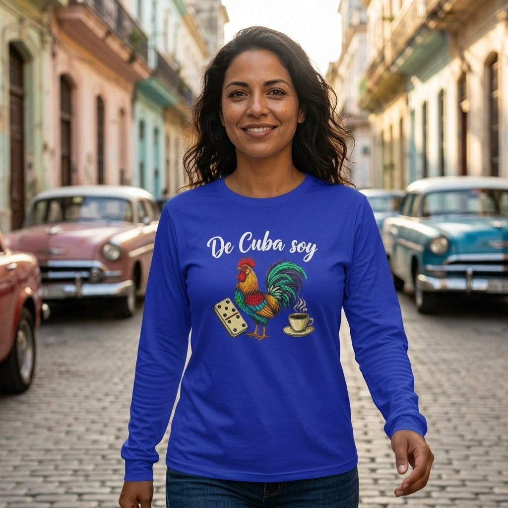De Cuba Soy Long Sleeve Tee - Cuban Cultural Long Sleeve Tee with Rooster, Domino, and Coffee Design