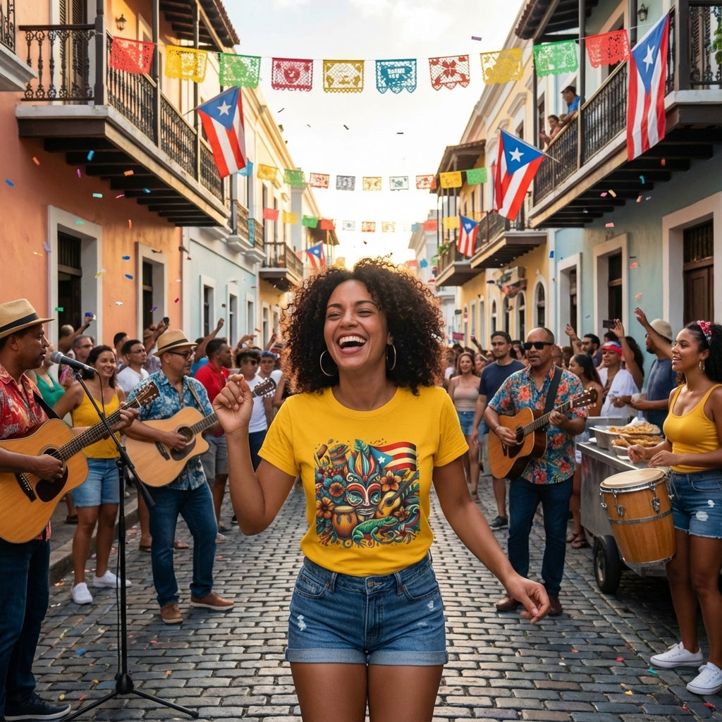 Woman in yellow t-shirt with colorful design in a street festival with musicians and flags.