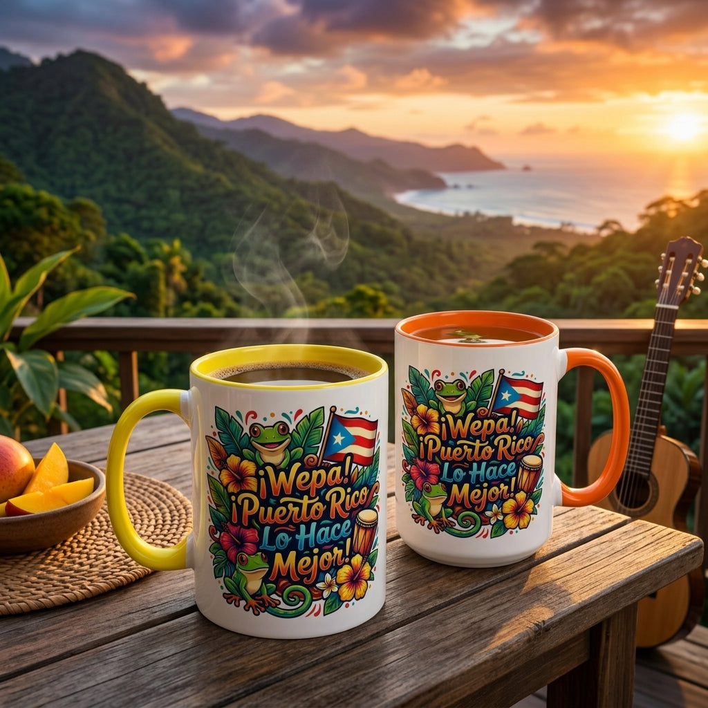 Wepa! Puerto Rico Lo Hace Mejor Accent Coffee Mug | Puerto Rican Flag, Coquí, Floral Design