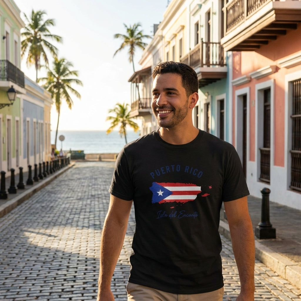 Man wearing a black t-shirt with a Puerto Rican flag design on a street in a tropical location.