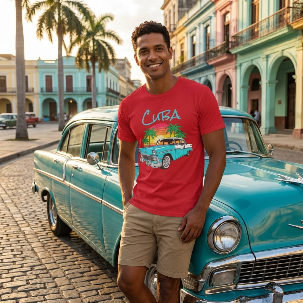 Man wearing a red 'Cuba' t-shirt standing next to a vintage turquoise car in a colorful street.