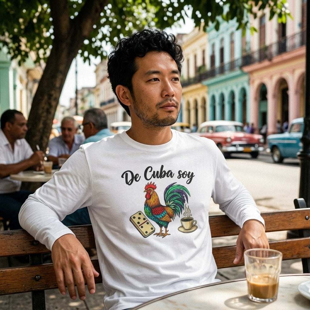 De Cuba Soy Long Sleeve Tee - Cuban Cultural Long Sleeve Tee with Rooster, Domino, and Coffee Design
