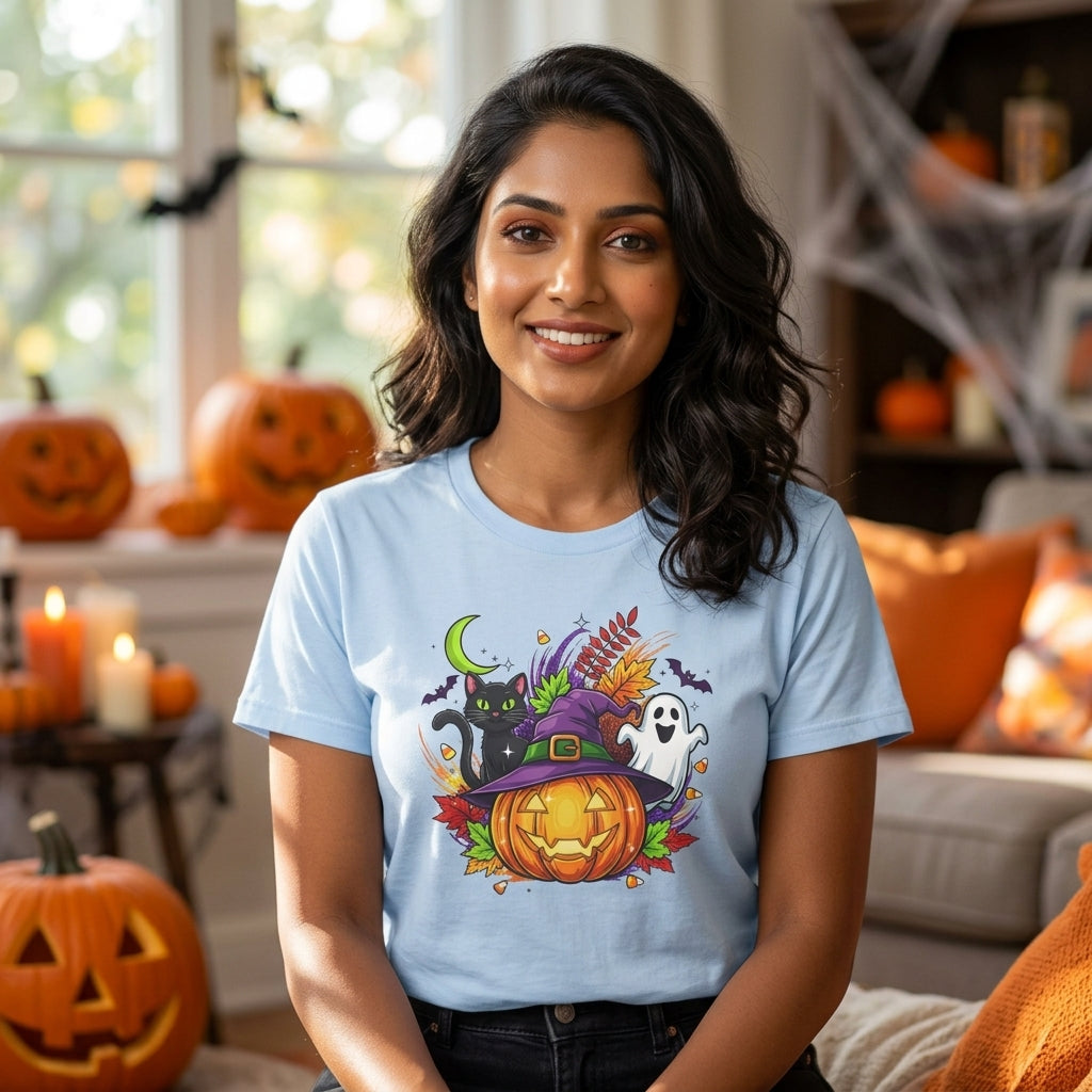 Halloween Graphic T-Shirt | Witch Hat Pumpkin Black Cat Ghost Spooky Tee