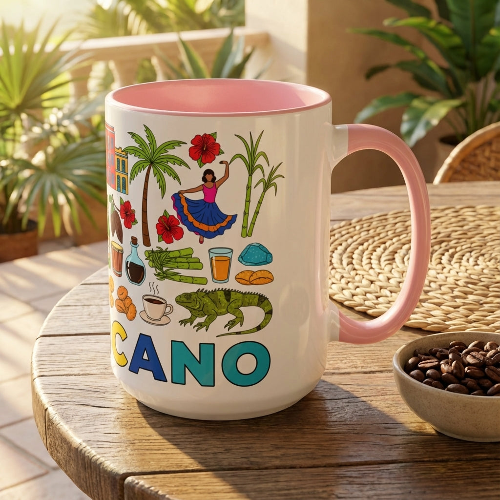 Decorative mug with colorful illustrations and 'CANO' text on a wooden table outdoors.