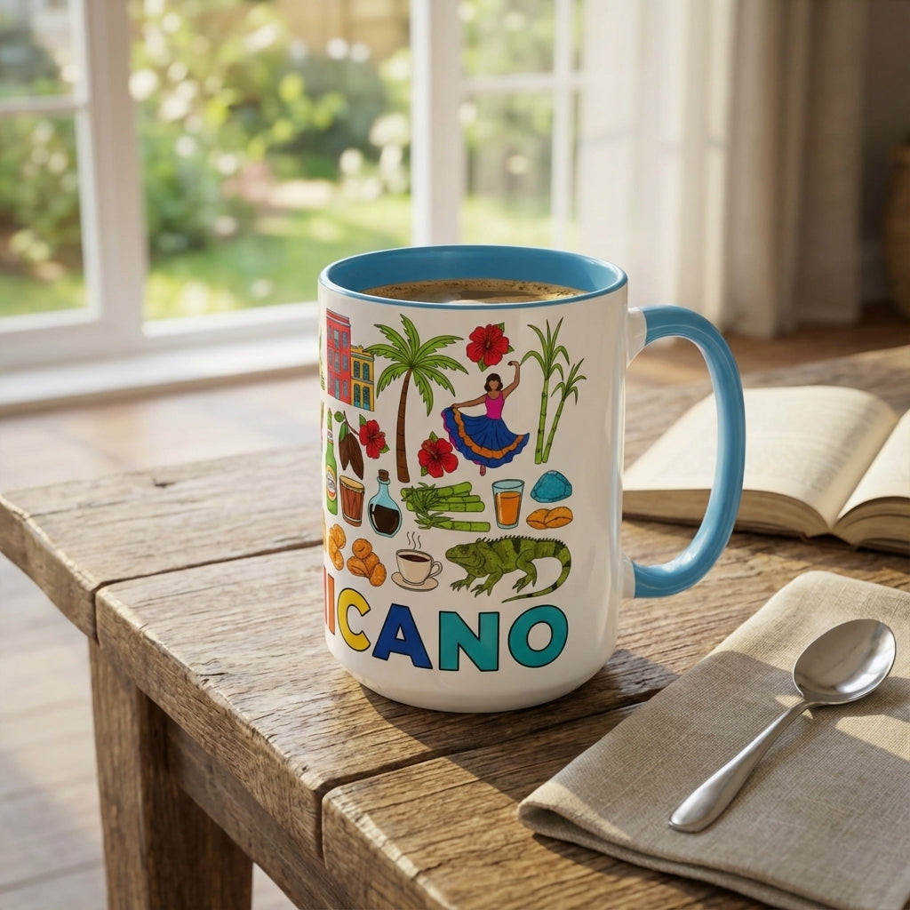 Mug with colorful designs and 'PICANO' text on a wooden table with a book and spoon.