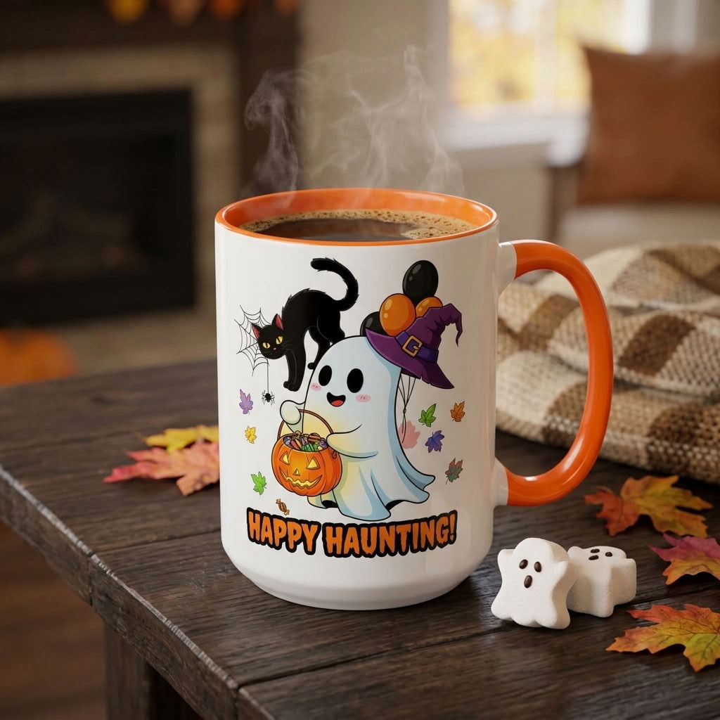 Happy Haunting! Halloween Ghost Coffee Mug | Ghost, Black Cat & Pumpkin Design | 11oz & 15oz
