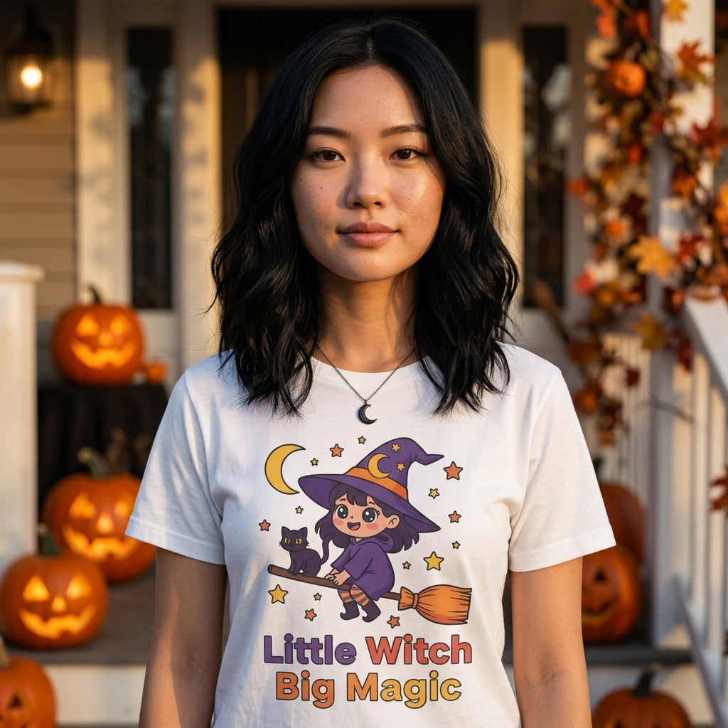 Little Witch Big Magic T-Shirt | Cute Witch Cat Halloween Graphic Tee