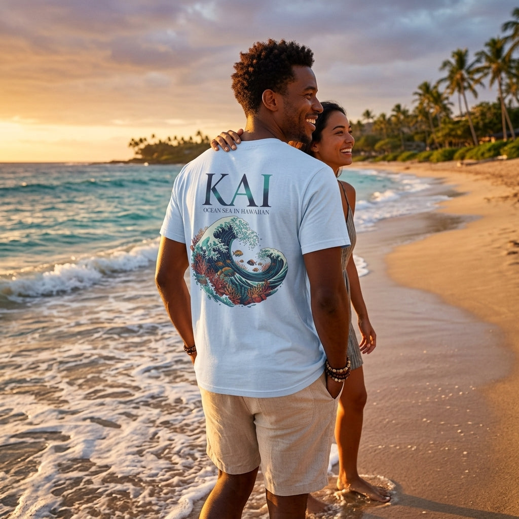 A couple embracing on a tropical beach at sunset, with the man wearing a white graphic T-shirt featuring the text 'KAI' and a wave-style design on the back, paired with beige shorts.