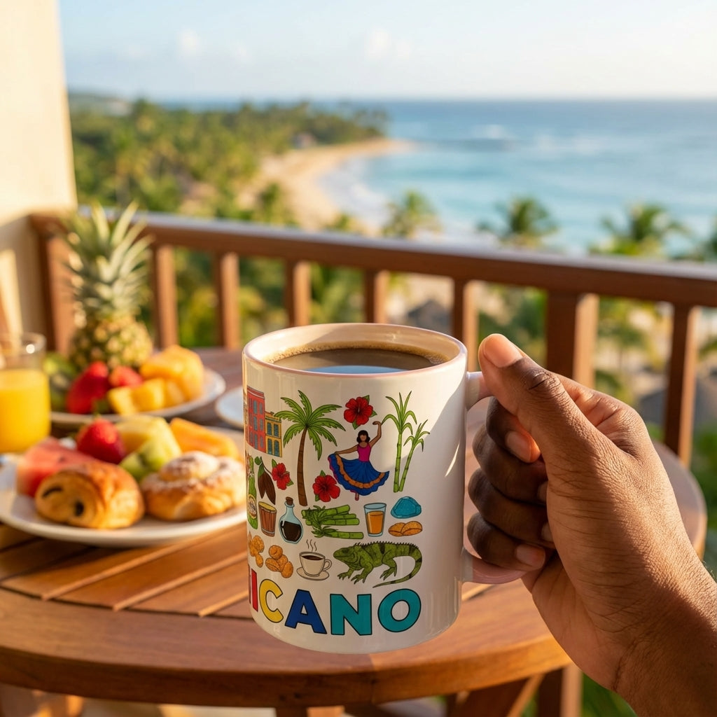 Person holding a colorful coffee mug with 'PICANO' branding, overlooking a tropical beach.