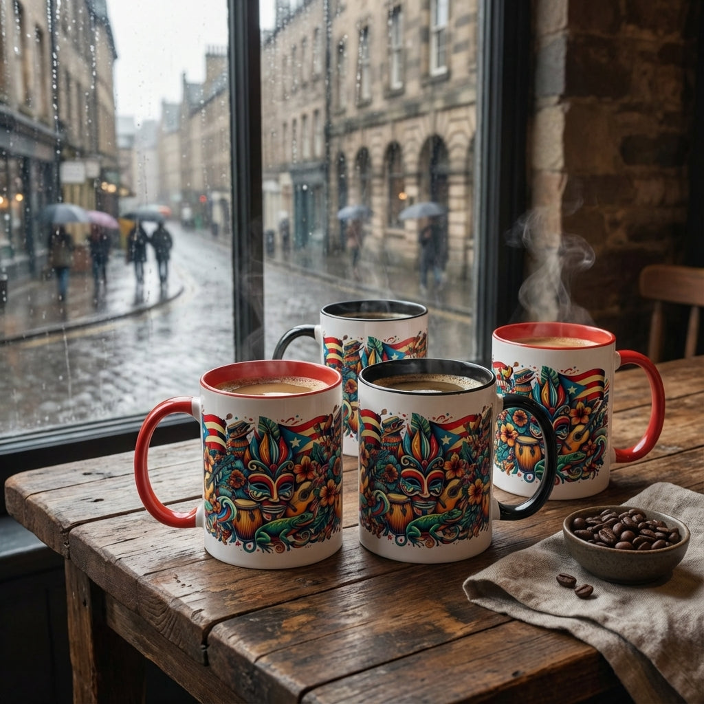 Colorful mugs with coffee on a wooden table by a window with a city street view.