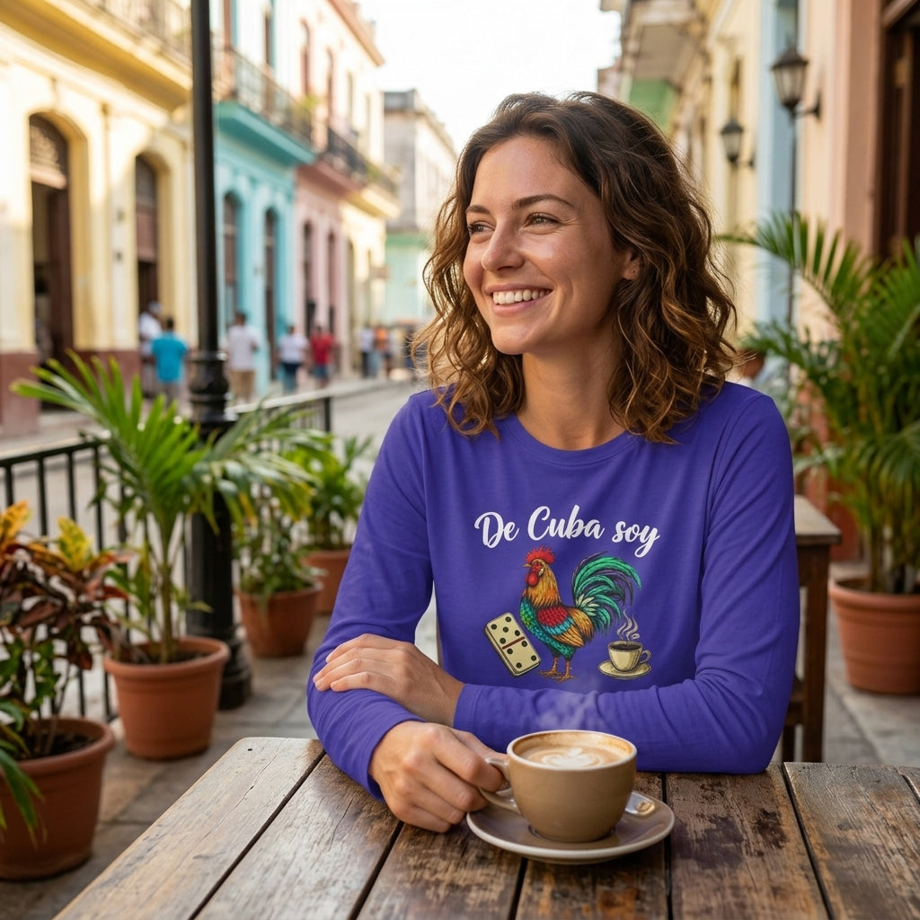 De Cuba Soy Long Sleeve Tee - Cuban Cultural Long Sleeve Tee with Rooster, Domino, and Coffee Design