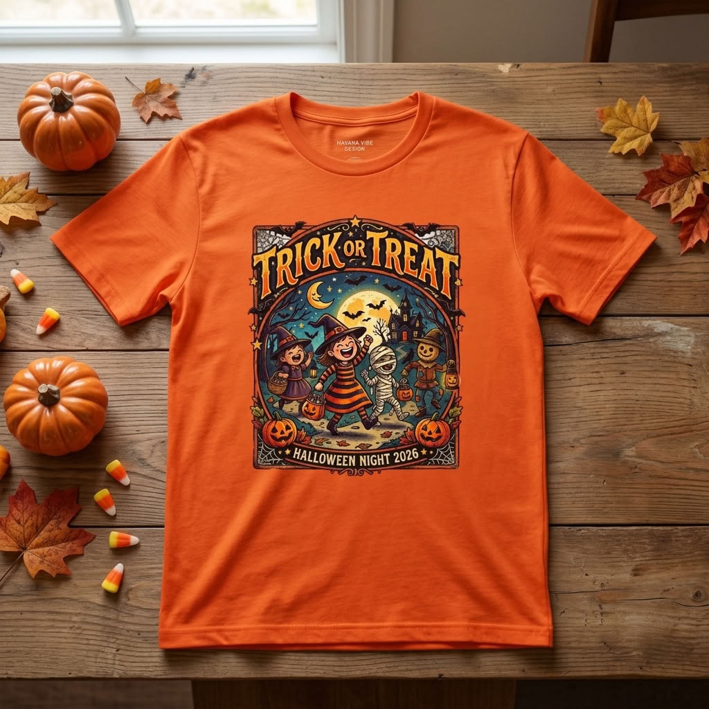 Trick or Treat Halloween T-Shirt, Vintage Moonlit Pumpkin Design