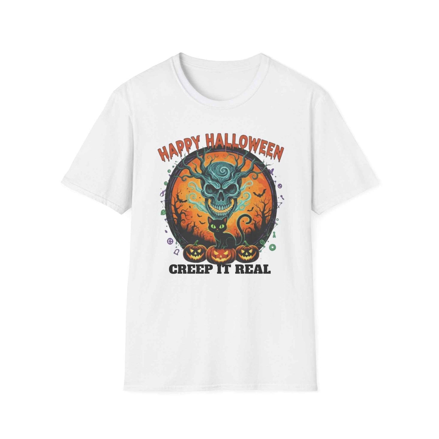 Halloween Skull T-Shirt | Black Cat & Pumpkins | Creep It Real Tee