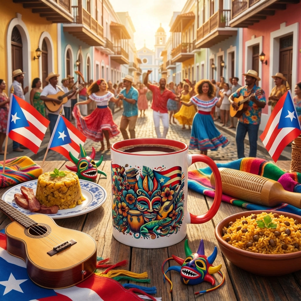 Café con leche with Puerto Rican flag design on a table with traditional food and music instruments in a colorful street scene.