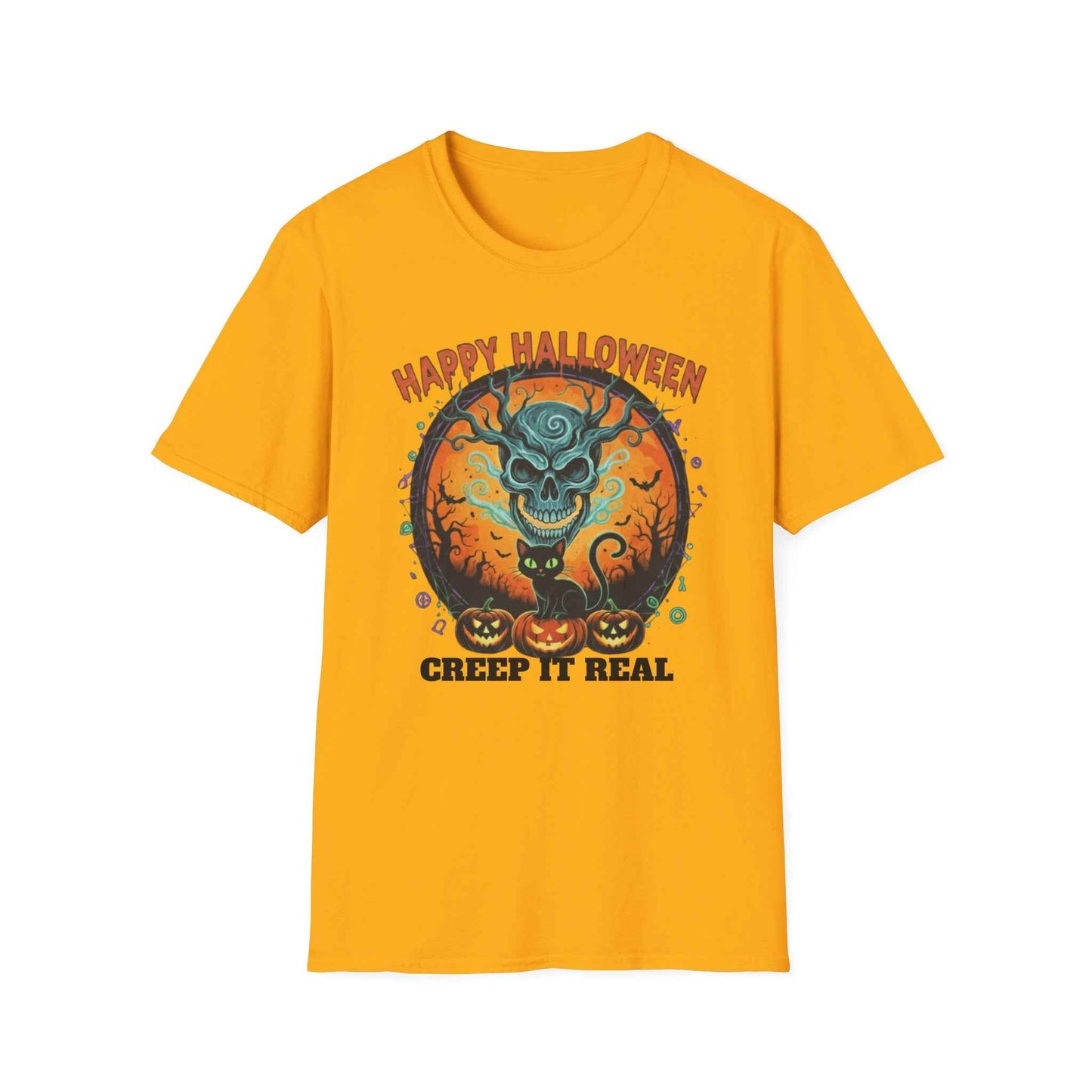 Halloween Skull T-Shirt | Black Cat & Pumpkins | Creep It Real Tee
