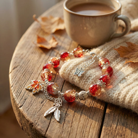 Red Crystal Maple Leaf Bracelet - Butterfly Feather Charm Beaded Friendship Bracelet for Women