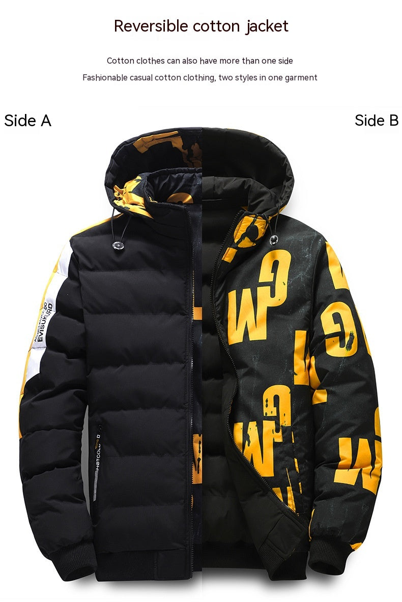 Reversible black and yellow jacket with text on a white background