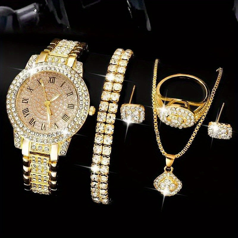 5-Piece Gold Jewelry Set - Watch, Ring, Necklace & Earrings Collection