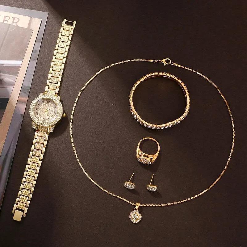 5-Piece Gold Jewelry Set - Watch, Ring, Necklace & Earrings Collection