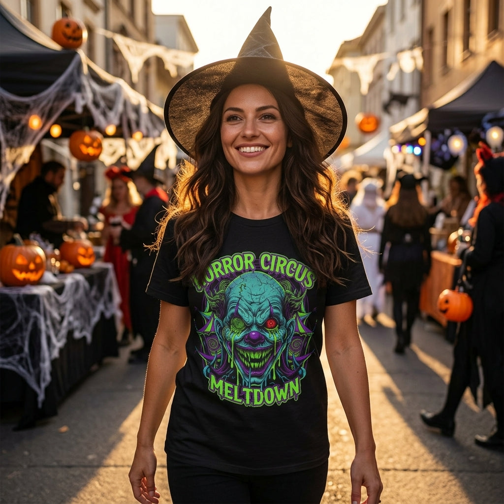 Horror Circus T-Shirt | Neon Scary Clown Graphic Tee for Halloween