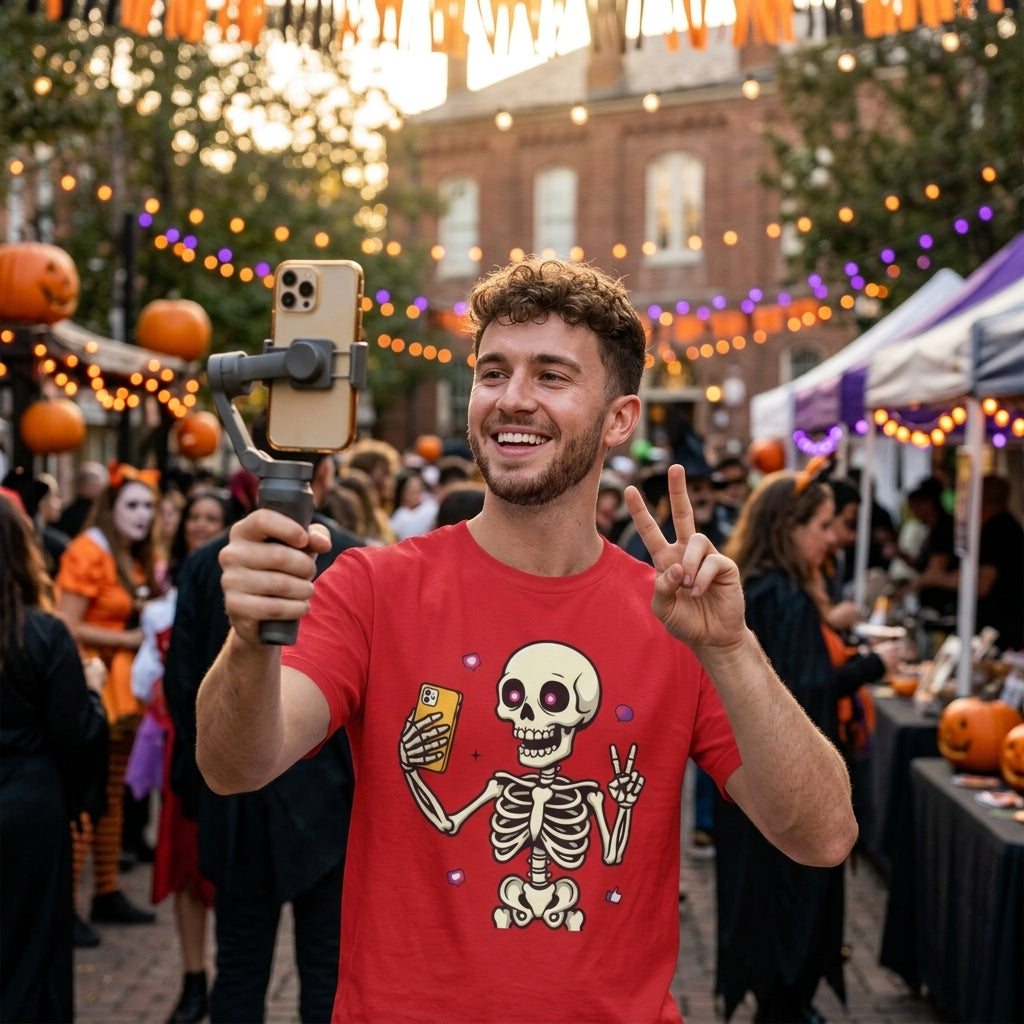Skeleton Selfie T-Shirt | Funny Spooky Skull Halloween Graphic Tee