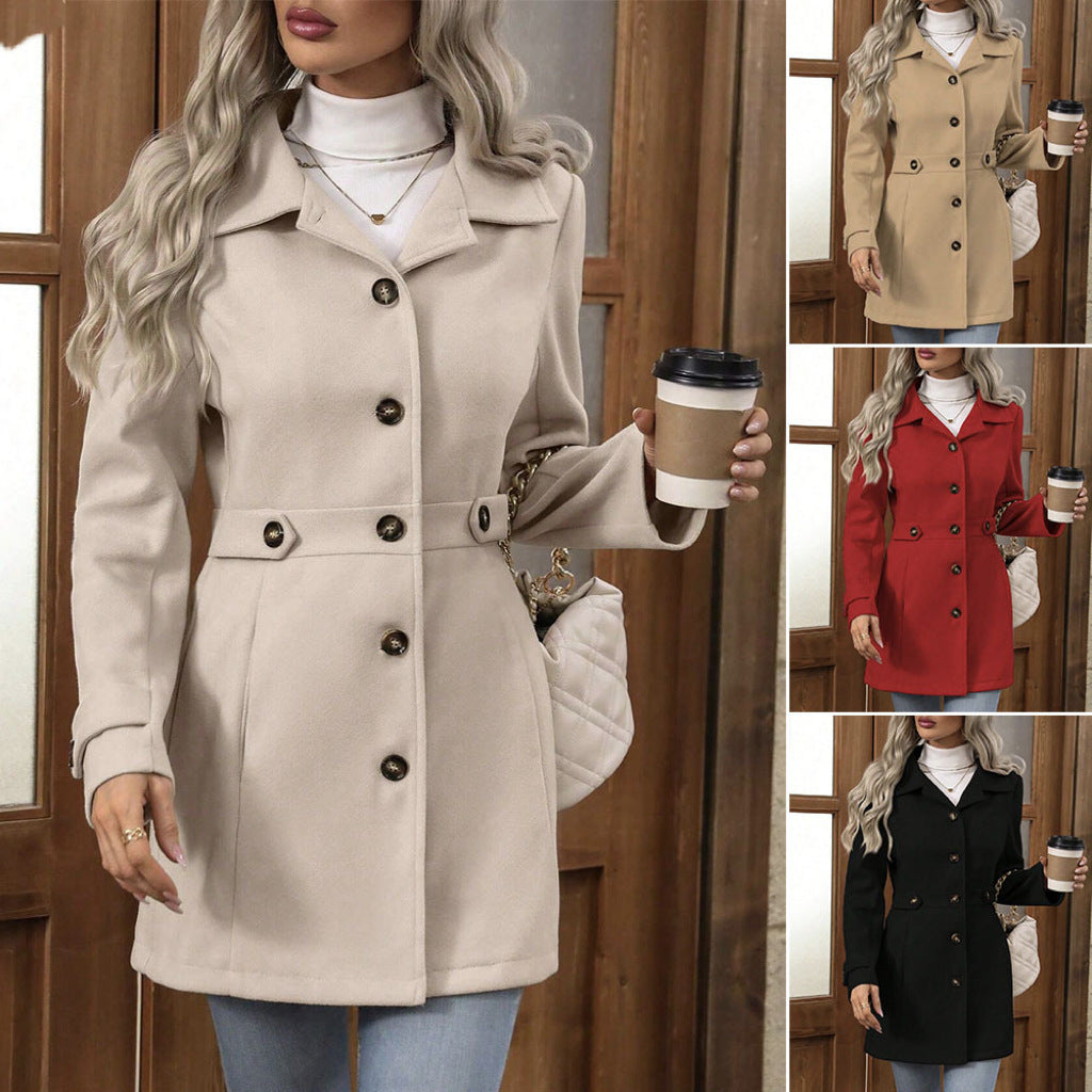 Women's Elegant Woolen Coat - Single-Breasted Mid-Length Lapel Jacket