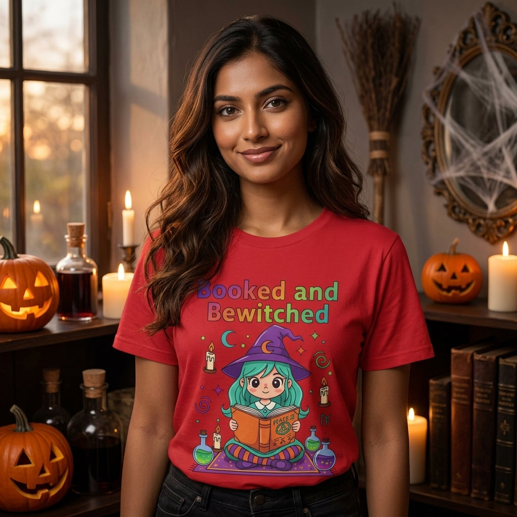 Booked and Bewitched T-Shirt | Witch Book Lover Halloween Graphic Tee