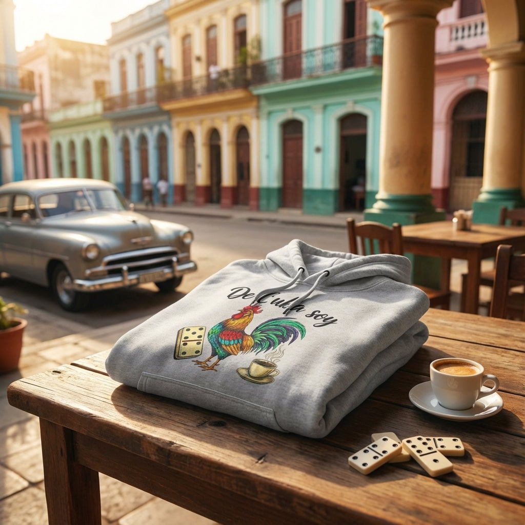 Folded hoodie with rooster design on a wooden table in a colorful street setting