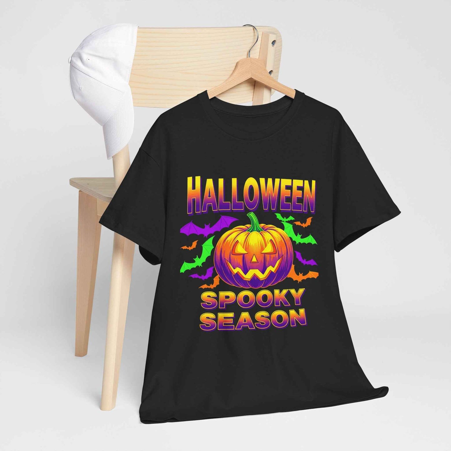 Retro Halloween T-Shirt - Neon Pumpkin & Bats 'Spooky Season' Tee - 80s/90s Style